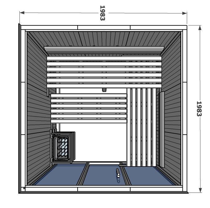 Disegno in pianta della cabina sauna V3030 con un lato interamente in legno di hemlock