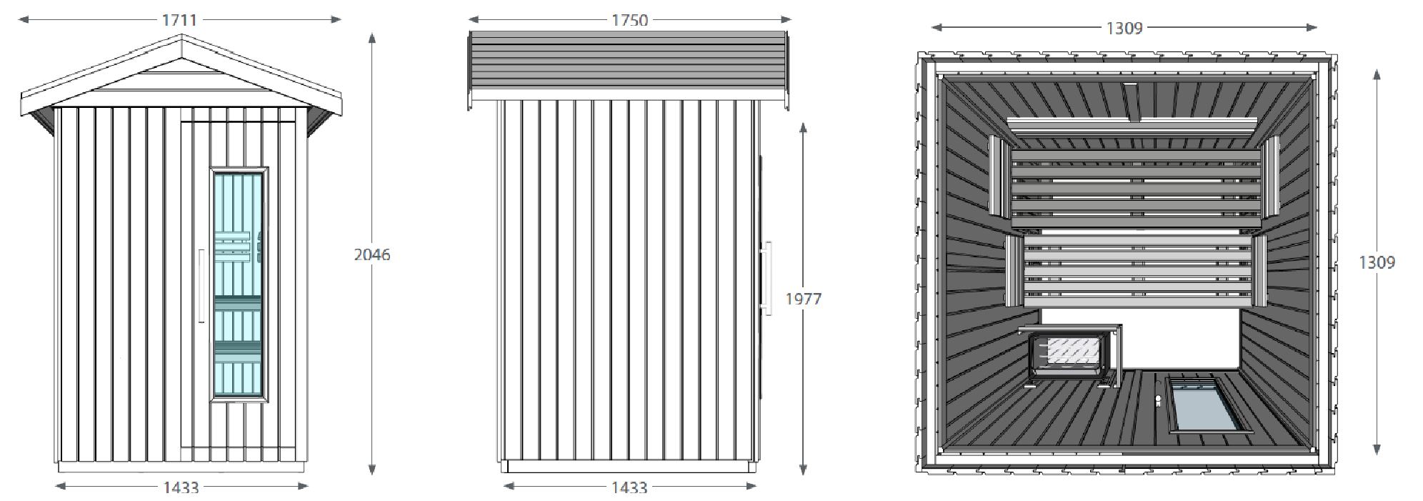 Exterior and interior dimensions of the E2020 Oceanic outdoor sauna cabin