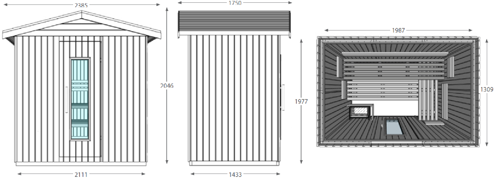 Exterior and interior dimensions of the E2030 Oceanic outdoor sauna cabin