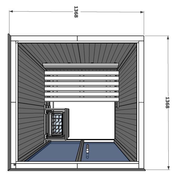 Disegno in pianta della cabina sauna V2020 con un lato interamente in legno di hemlock