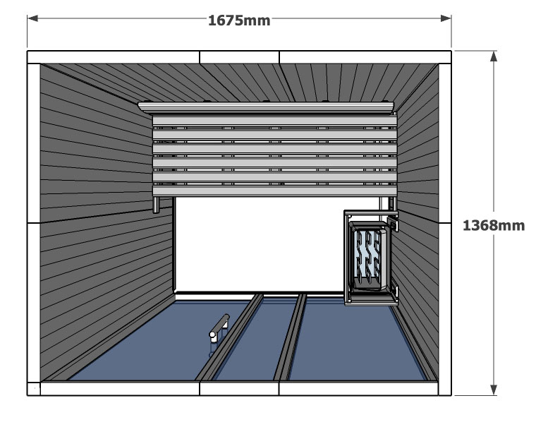 Disegno in pianta della cabina sauna V2025 con un lato interamente in legno di hemlock