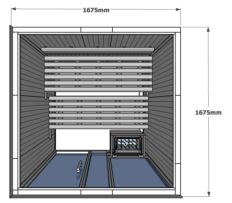 Disegno in pianta della cabina sauna V2525 con un lato interamente in legno di hemlock