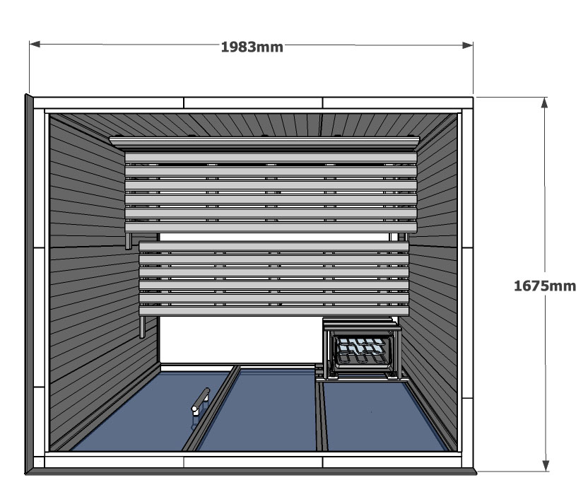 Disegno in pianta della cabina sauna V2530 con un lato interamente in legno di hemlock