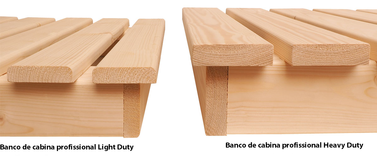 Comparação entre os bancos dos modelos de sauna Oceanic Light Duty e Heavy Duty